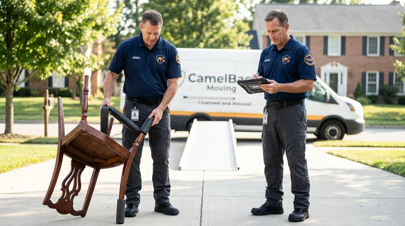 Movers inspecting furniture for damage prevention before loading in Doylestown, OH
