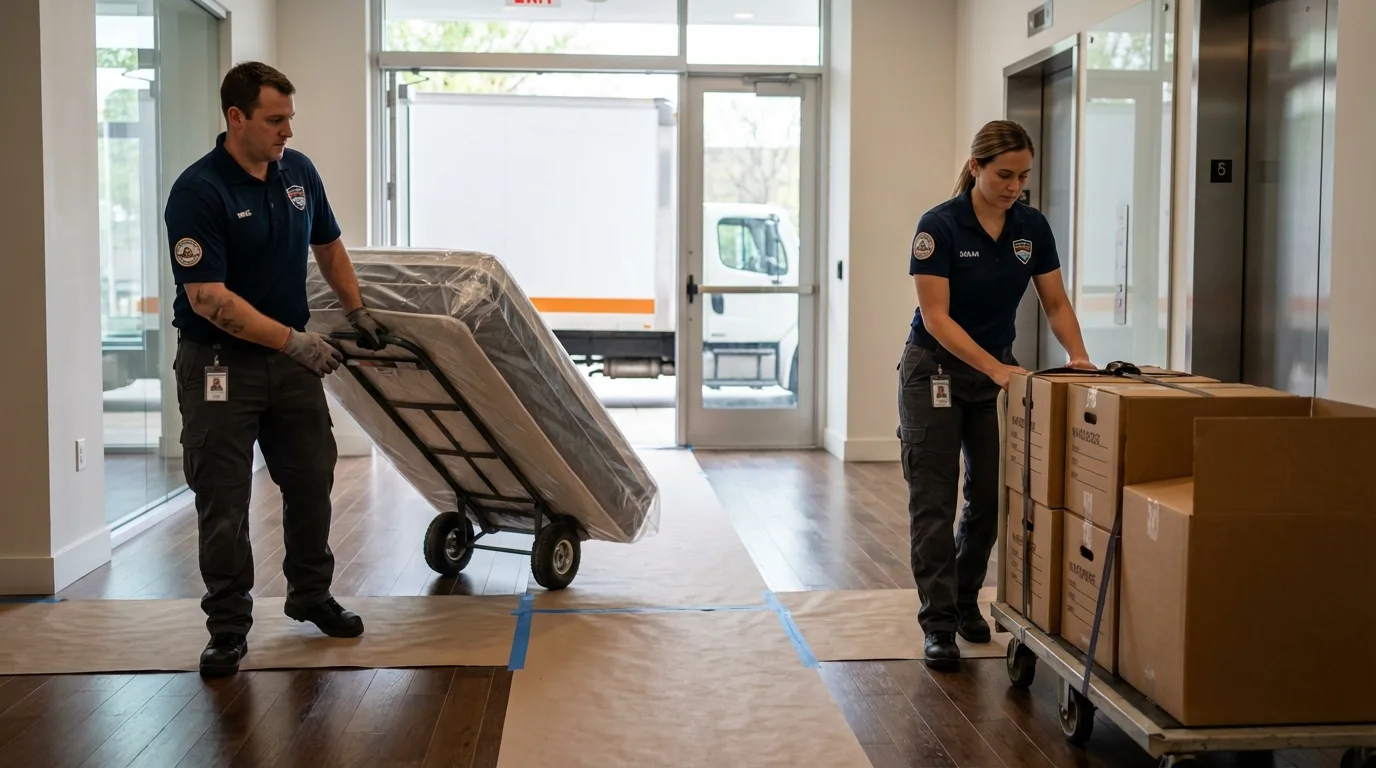 Professional apartment movers loading elevator in Doylestown, OH