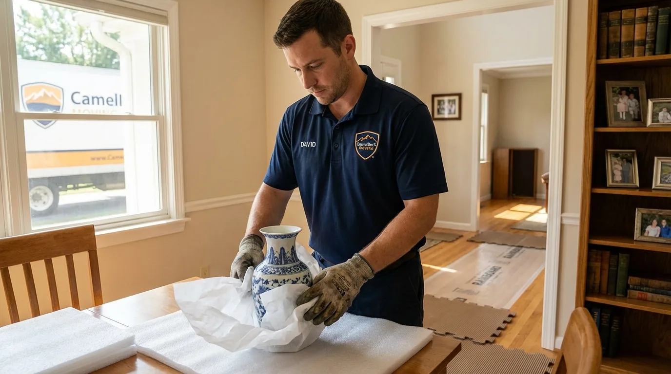 Professional crew carefully wrapping antique vase for senior downsizing move in Doylestown, OH